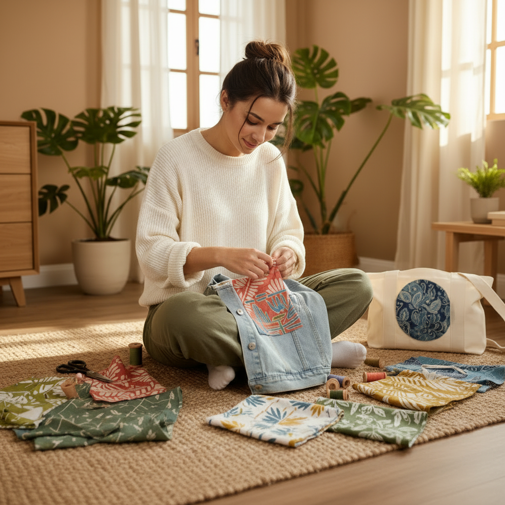 A stylish young woman in her early 20s sitting on the floor in a bright modern bedroom, customizing her clothes with 10x8 cm modern batik fabric scraps. She is sewing or pinning a colorful batik patch onto a plain denim jacket laid on her lap. Next to her are more batik scraps in trendy colors (sage green, coral, mustard, dusty blue) with modern patterns, a pair of scissors, thread, and a tote bag with one batik patch already attached. Warm beige walls, soft sunlight from a window, cozy and minimalist decor