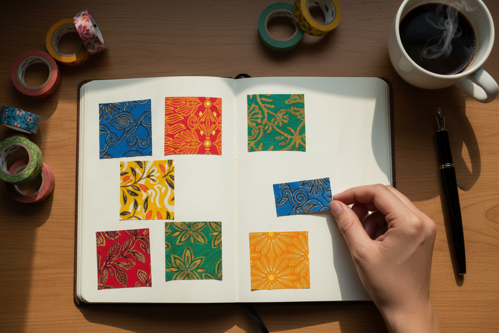 A cozy workspace scene with an open journal on a wooden desk. Small pieces of colorful Indonesian modern batik pattern fabric with bright color scraps are arranged and lightly attached on the journal pages. A hand is placing one scrap on the page. Around the journal, there are washi tapes, a pen, and a cup of coffee. Soft natural lighting, warm and aesthetic, Instagram-friendly.