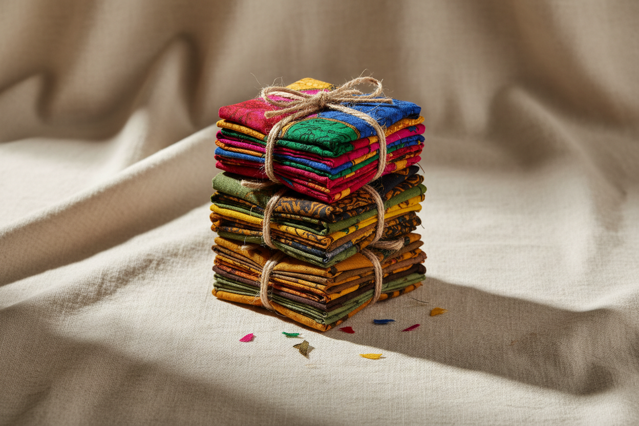 A stack of small bundles of Indonesian batik fabric bright color scraps, neatly folded and tied with simple twine, placed on a soft linen cloth background in warm off-white color. Earthy and muted batik tones (brown, olive, gold). Soft shadows, premium boutique feel, minimalist composition, product photography style.