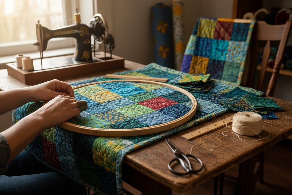 buatkan gambar orang sedang menjahit selimut dengan menggunakan bahan kain perca ukuran 4.7"