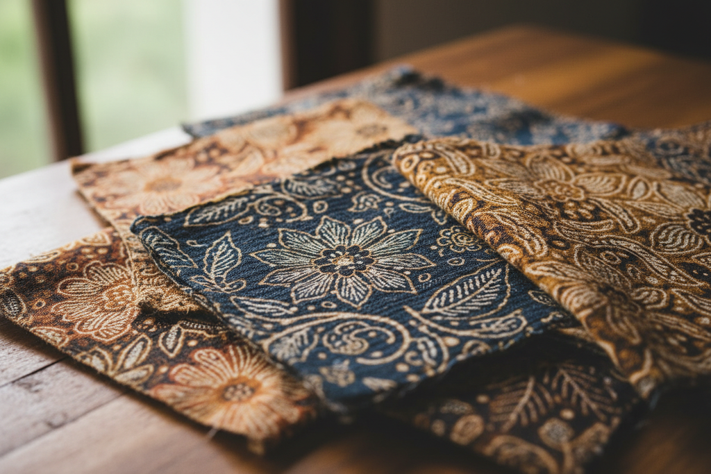 Macro close-up photograph of Indonesian batik cotton fabric scraps showing detailed wax-resist patterns and natural fabric texture. Rich traditional motifs with visible weave, soft diffused lighting, warm tones, extremely detailed, realistic textile photography, shallow depth of field, artisanal craftsmanship focus.