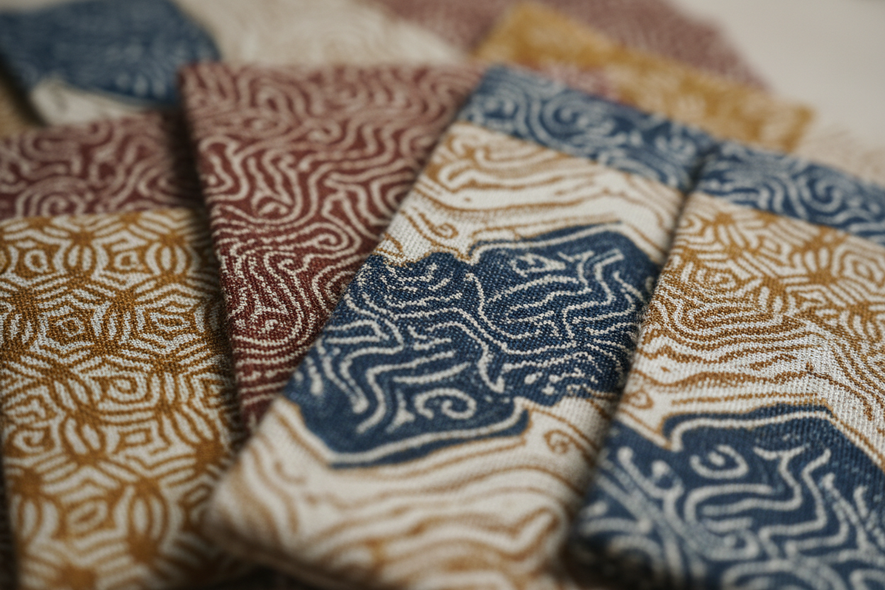 Macro close-up photograph of Indonesian batik cotton fabric scraps showing detailed wax-resist patterns and natural fabric texture. Rich traditional motifs with visible weave, soft diffused lighting, warm tones, extremely detailed, realistic textile photography, shallow depth of field, artisanal craftsmanship focus.
