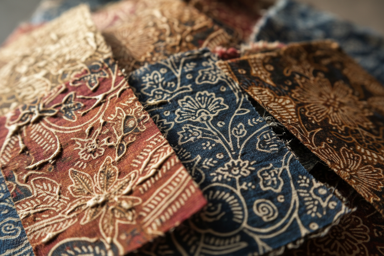 Macro close-up photograph of Indonesian batik cotton fabric scraps showing detailed wax-resist patterns and natural fabric texture. Rich traditional motifs with visible weave, soft diffused lighting, warm tones, extremely detailed, realistic textile photography, shallow depth of field, artisanal craftsmanship focus.