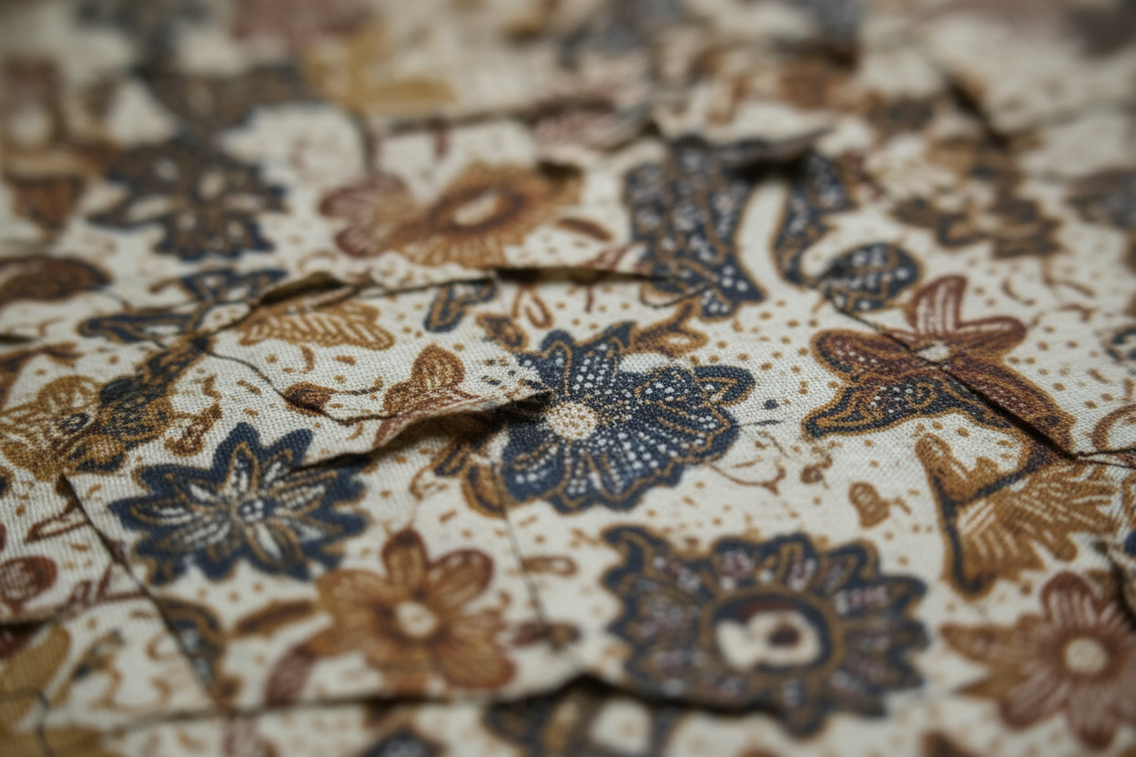 Macro close-up photograph of Indonesian batik Tulis cotton fabric scraps showing detailed wax-resist patterns and natural fabric texture. Rich traditional motifs with visible weave, soft diffused lighting, warm tones, extremely detailed, realistic textile photography, shallow depth of field, artisanal craftsmanship focus.