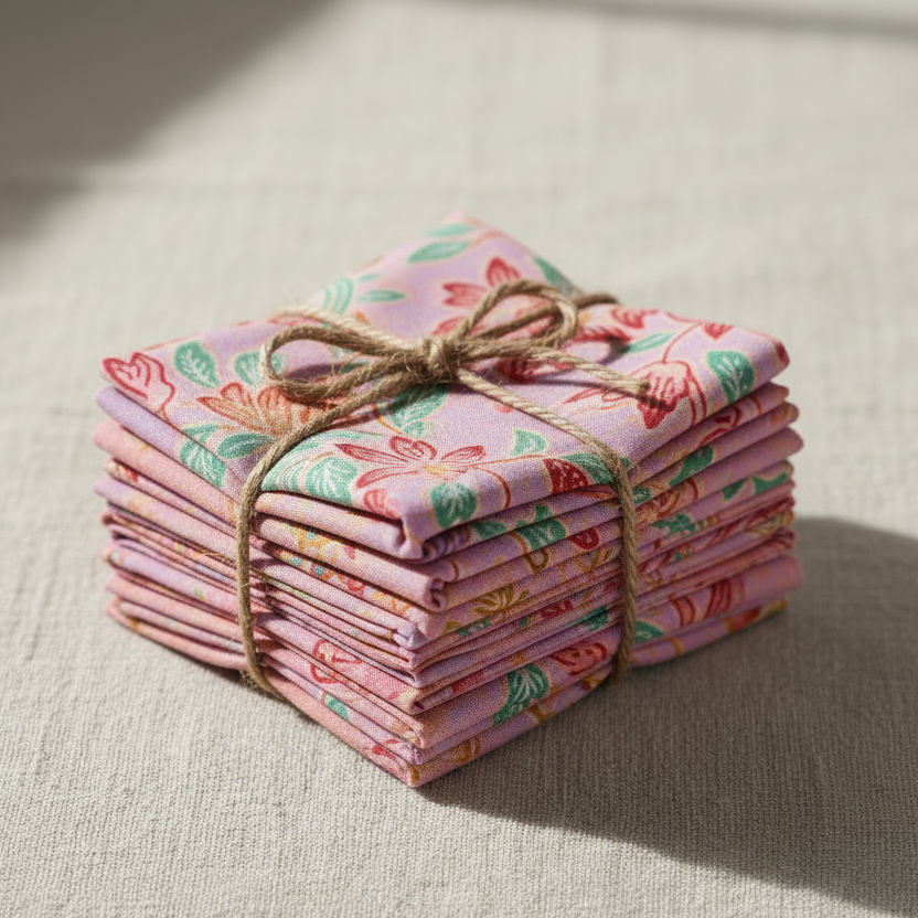 Realistic product photography of an Indonesian batik fabric scrap pack, neatly stacked and tied with natural twine, placed on a soft neutral linen background. Vibrant batik patterns in earthy and jewel tones (indigo, rust, mustard, forest green). Clean, minimal aesthetic, soft natural daylight, sharp focus, shallow depth of field. Premium handmade look, Etsy-style product photo, square composition, high resolution.