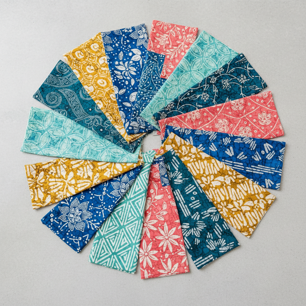 you are advertising expert. create image that showing 10x8cm modern batik kain perca dengan warna dan pattern batik yang menarik namun untuk kalangan muda modern